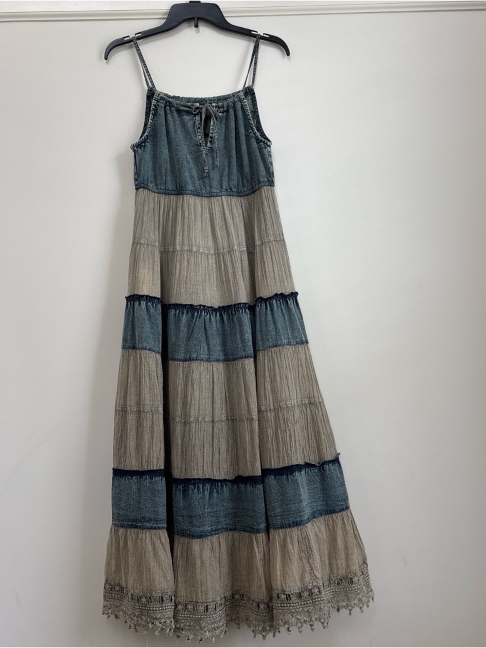 Young Threads Boho Denim Patchwork Tiered Maxi Dress NWT